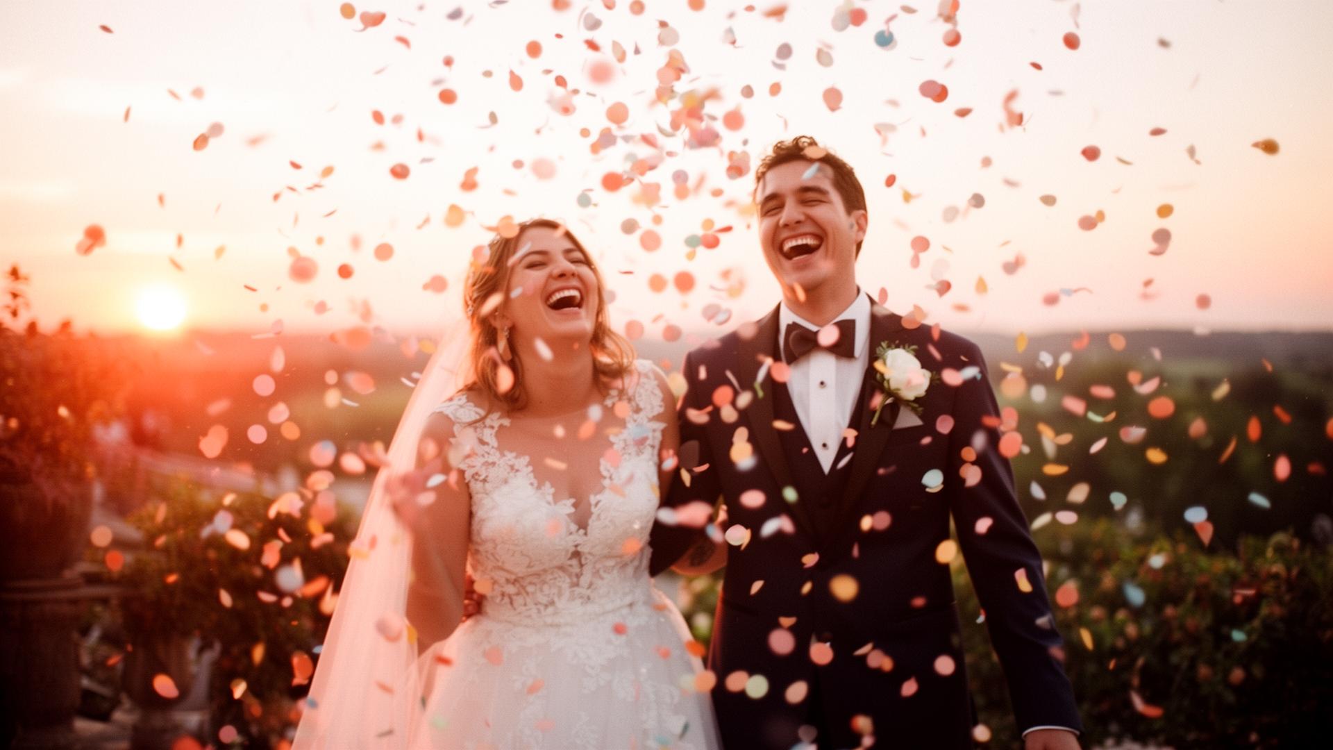 Bride and groom laughing under colorful confetti at sunset